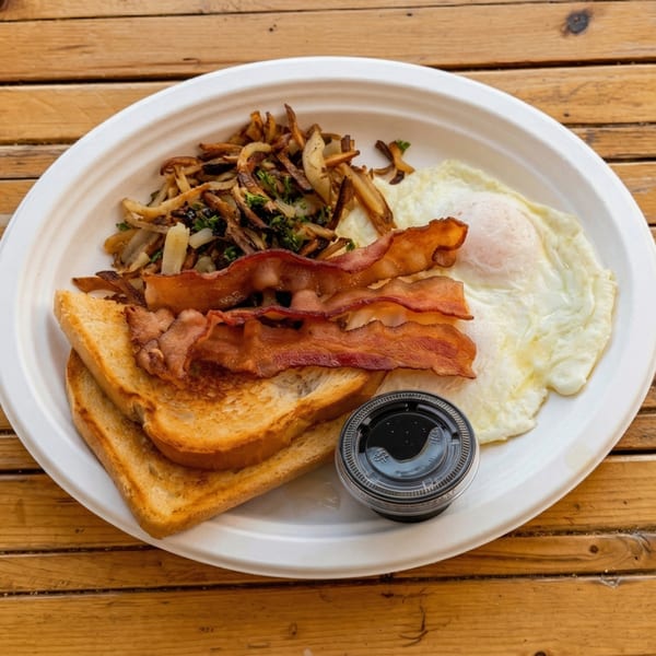 Breakfast plate with fried eggs, bacon, toast, and home fries with a side of syrup.