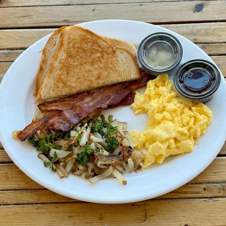 Breakfast plate with scrambled eggs, bacon, hash browns, toast, and two sauce containers.