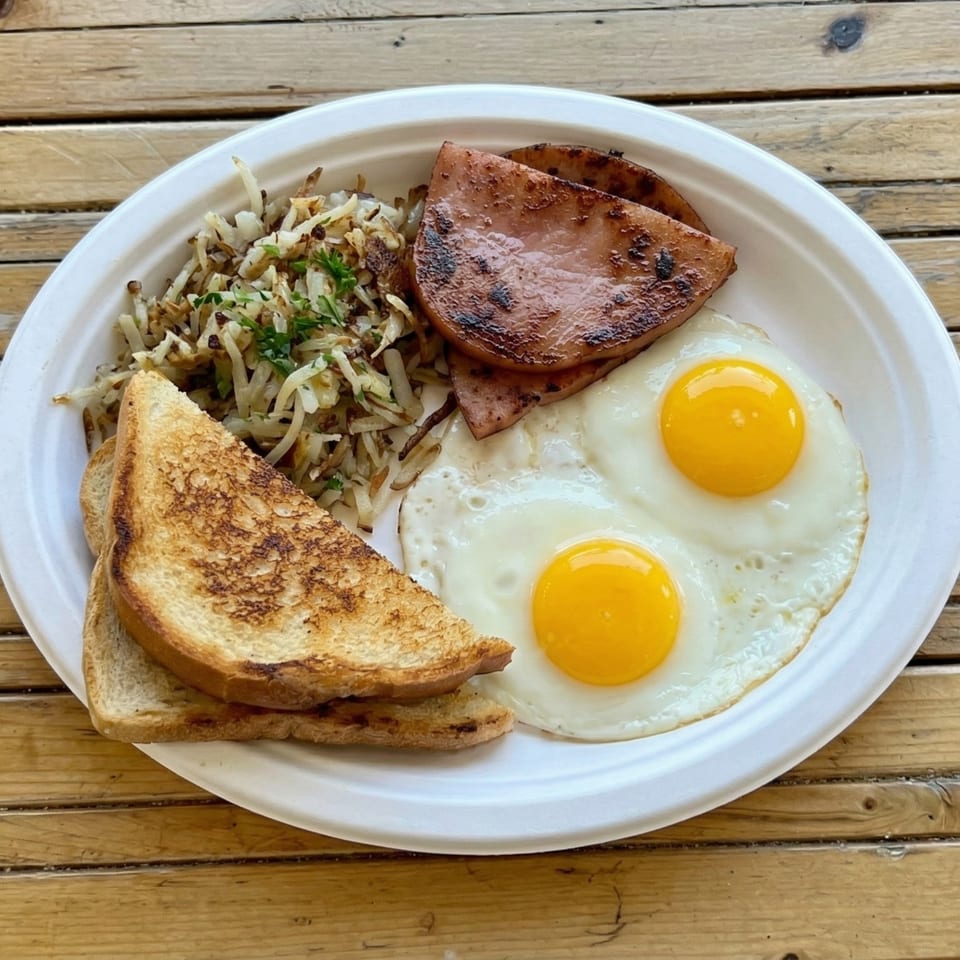 Breakfast plate with hash browns, grilled ham, two fried eggs, and buttered toast on a wooden table.